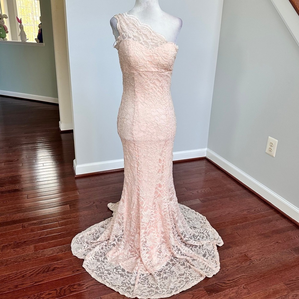 Morgan & Co Glitter Peach One Shoulder Lace Formal Sexy Gown Dress Size 3/4 - Picture 11 of 12